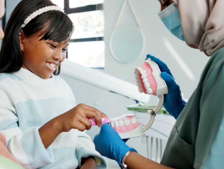 A dentist uses a model to demonstrate to a young patient